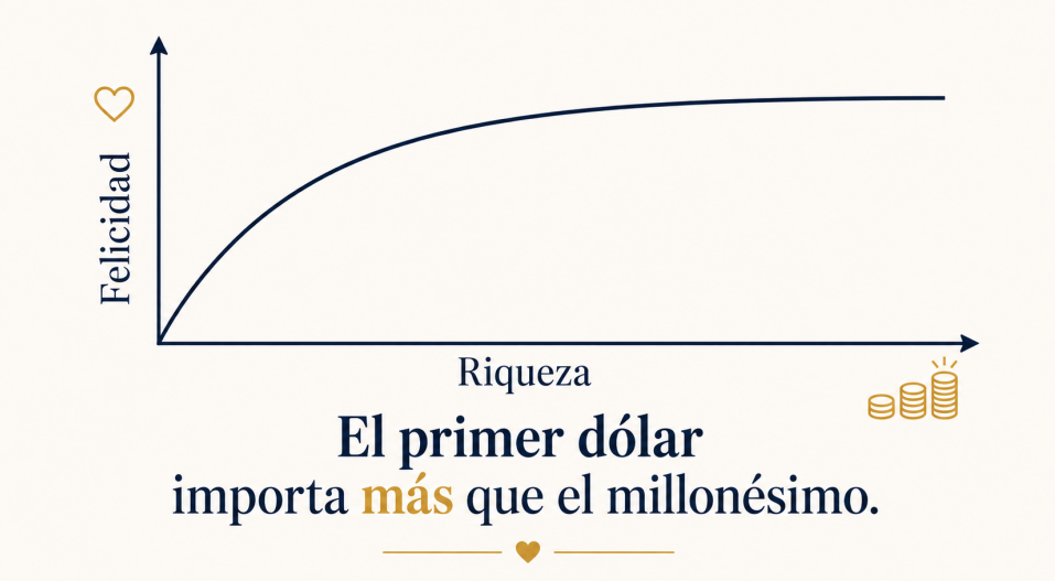una curva simple que muestra los rendimientos decrecientes: la felicidad sube de forma pronunciada y luego se aplana a medida que la riqueza sigue aumentando.