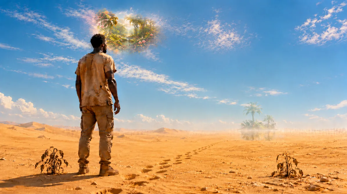 Un hombre solo en un desierto luminoso mira hacia el espejismo de un oasis lejano, con un recuerdo luminoso de un jardín verde en las nubes sobre él.