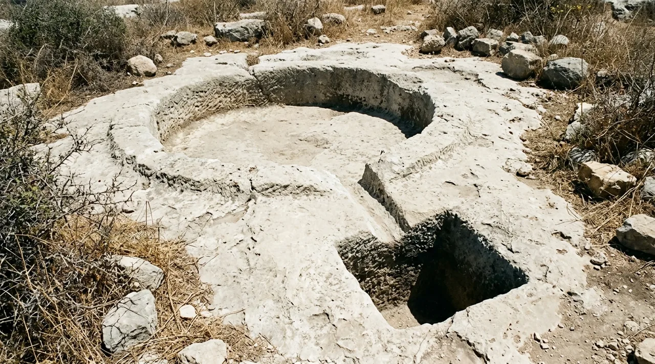 Una cavidad poco profunda y vacía, tallada en la piedra, con un canal que desciende hacia una cavidad más baja.