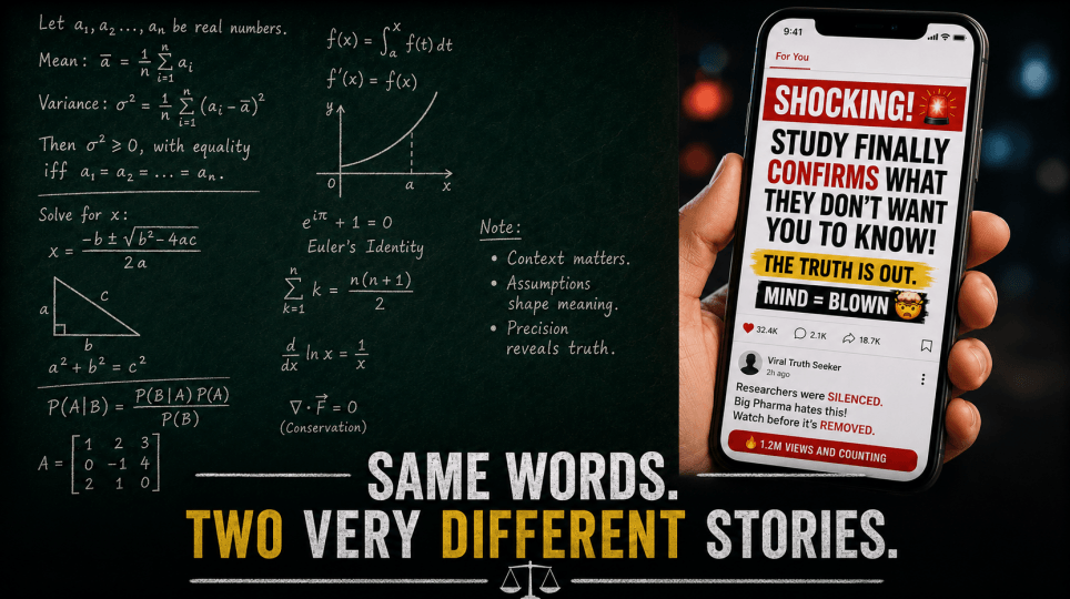 a split frame, dense equations on a chalkboard on one side, a phone showing an alarming viral headline on the other.