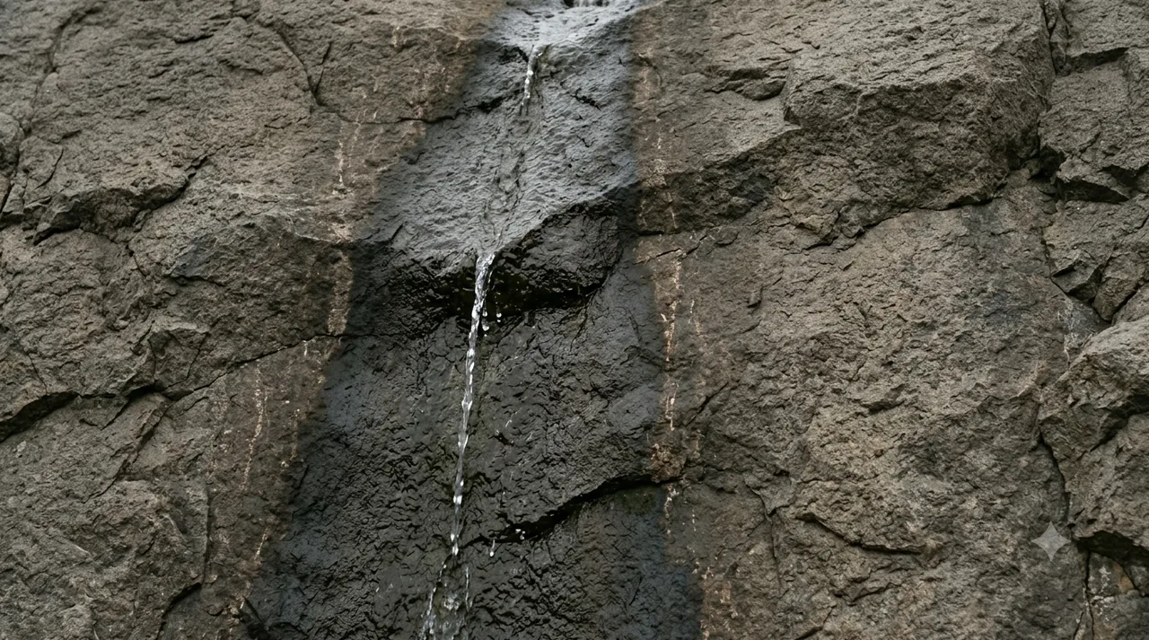 Un hilo de agua bajando por una pared de roca desnuda.