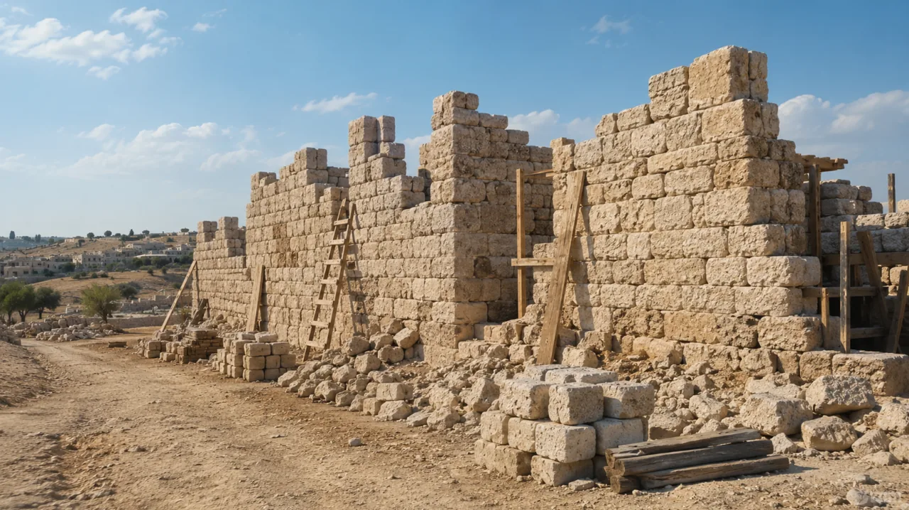 A stone wall part way through being built