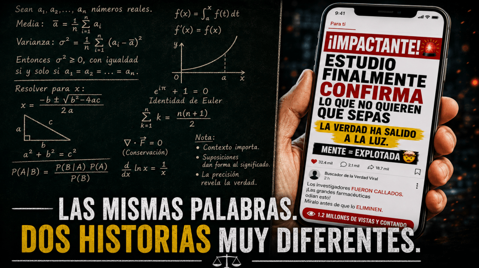 una imagen dividida en dos: de un lado, ecuaciones densas en una pizarra; del otro, un celular mostrando un titular viral alarmante.