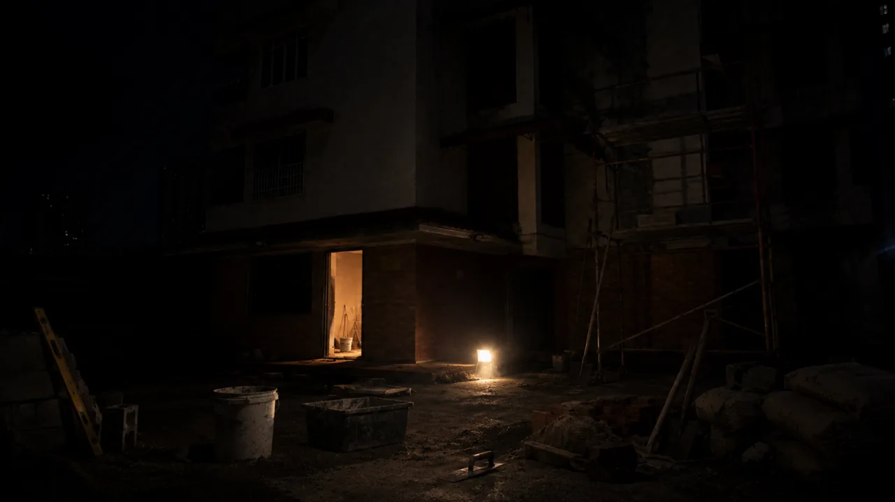 A work light burning in the dark